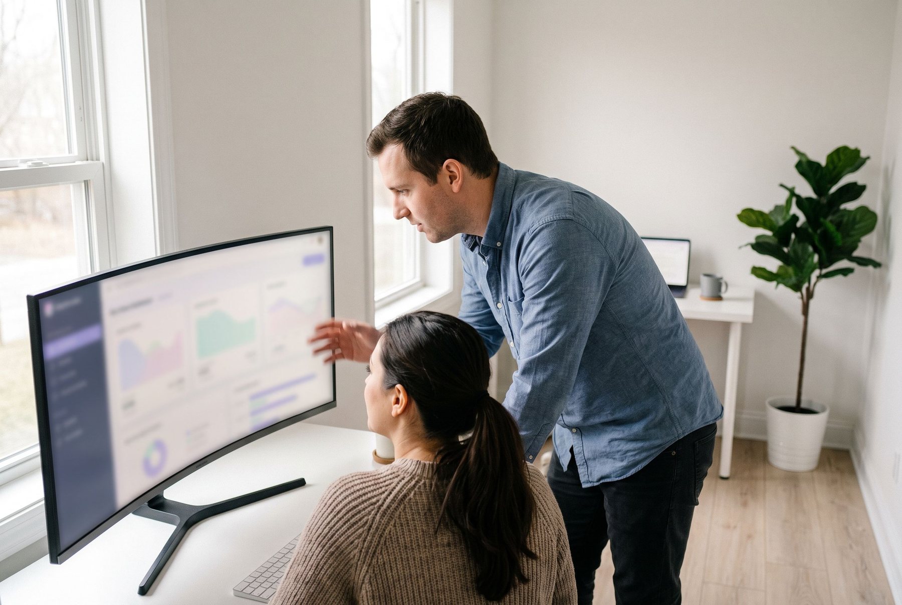 Two colleagues at a growing company reviewing an operations dashboard together